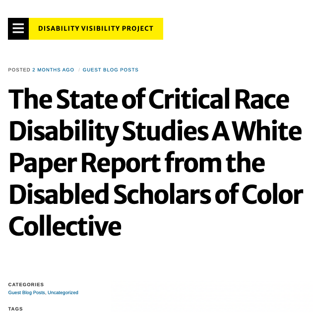 Disability Visibility Project: The State of Critical Race Disability Studies A White Paper Report from the Disabled Scholars of Color Collective